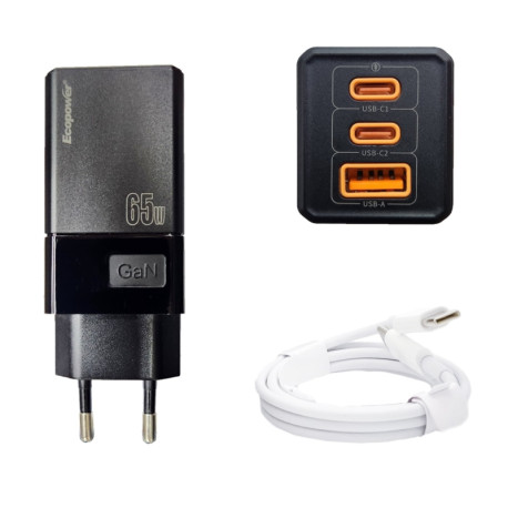 CARREGADOR ECOPOWER EP-7025 1-USB/2-USB-C 65W